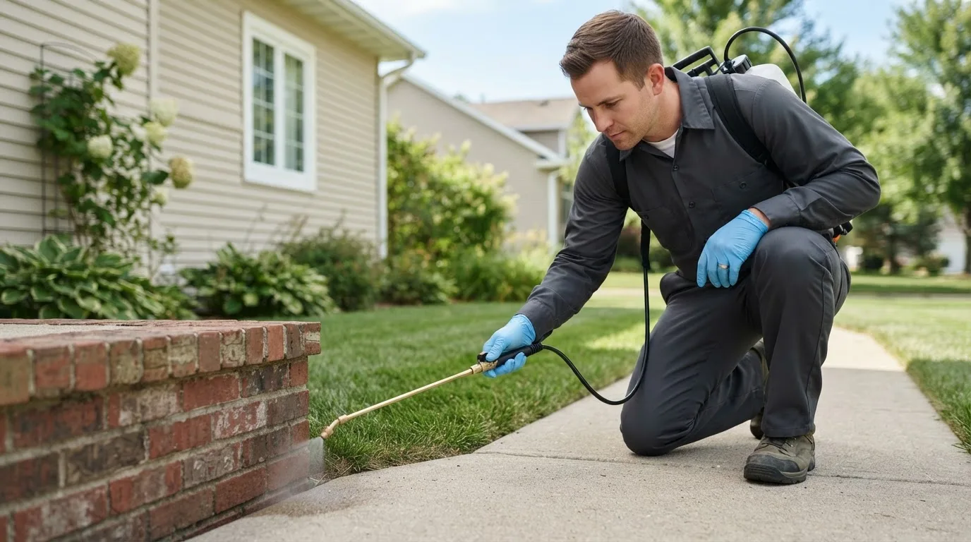 Pest control technician treating a home near Jonesville, IN