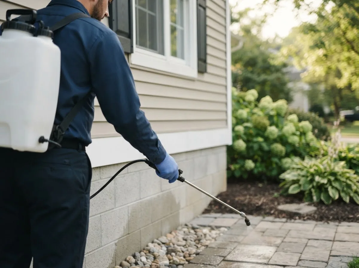 Pest control technician inspecting a home in Jonesville, IN
